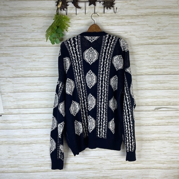 Vintage Jantzen Made in USA Blue Hexagon Pattern Cotton Grandpa Sweater - Picture 4 of 6